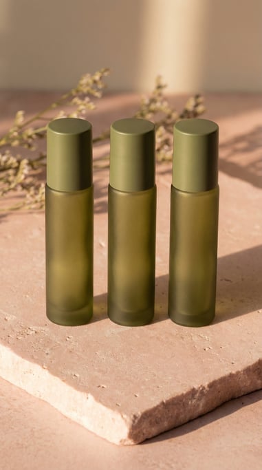 Roll-on bottle in matte olive, three in a row, completely blank with no text labels or branding