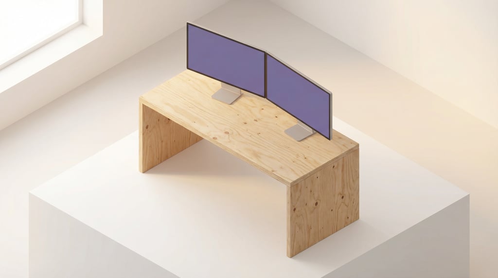 Isometric view, dual monitor setup on a raw plywood desk