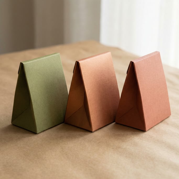 Triangular prism box, three boxes in a row, each a different color — matte olive, matte copper —