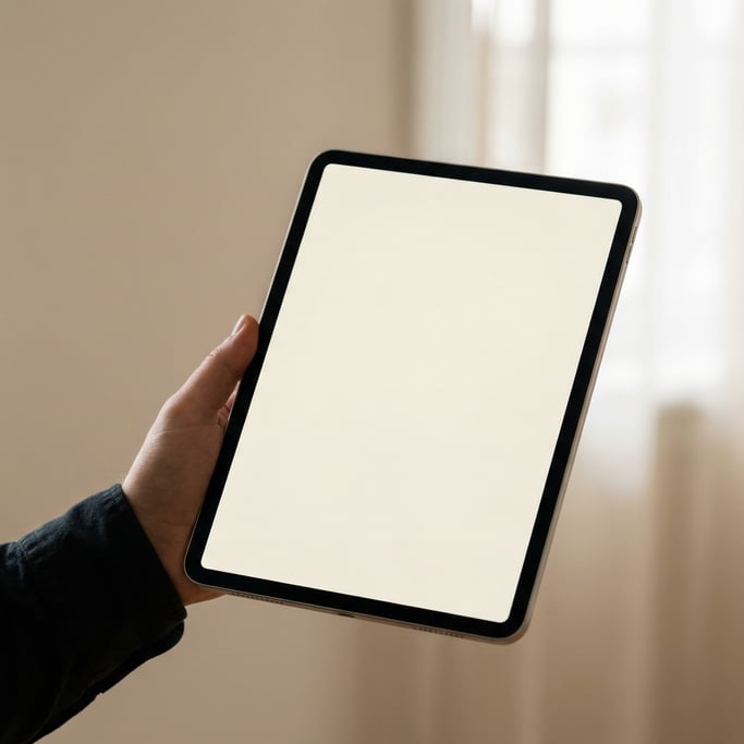 Hand holding a pro tablet against a soft blurred beige background