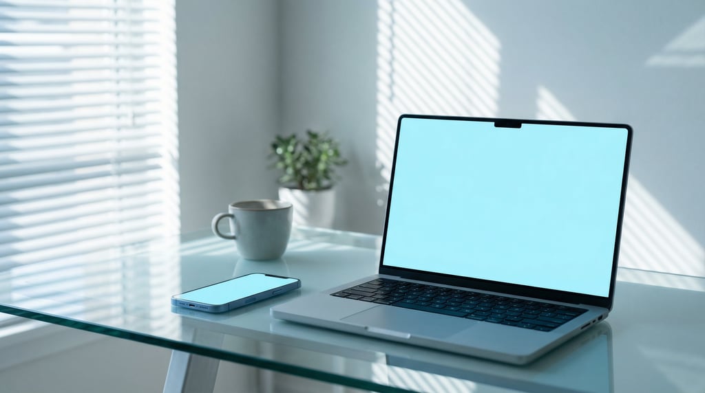 Smartphone and laptop side by side on a glass desk