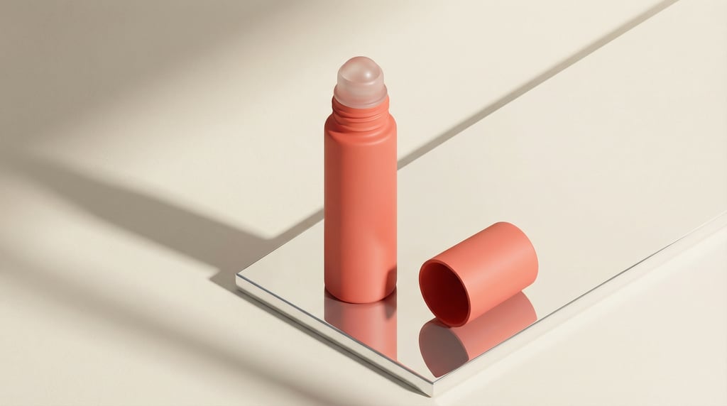 Isometric view, roll-on bottle in matte coral, single with cap removed beside it