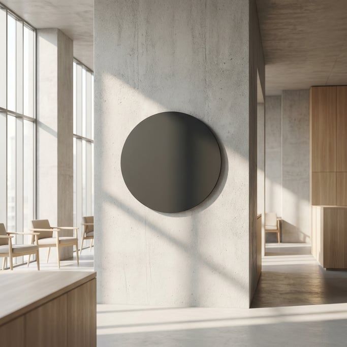 Round wall-mounted sign in a modern minimal lobby interior