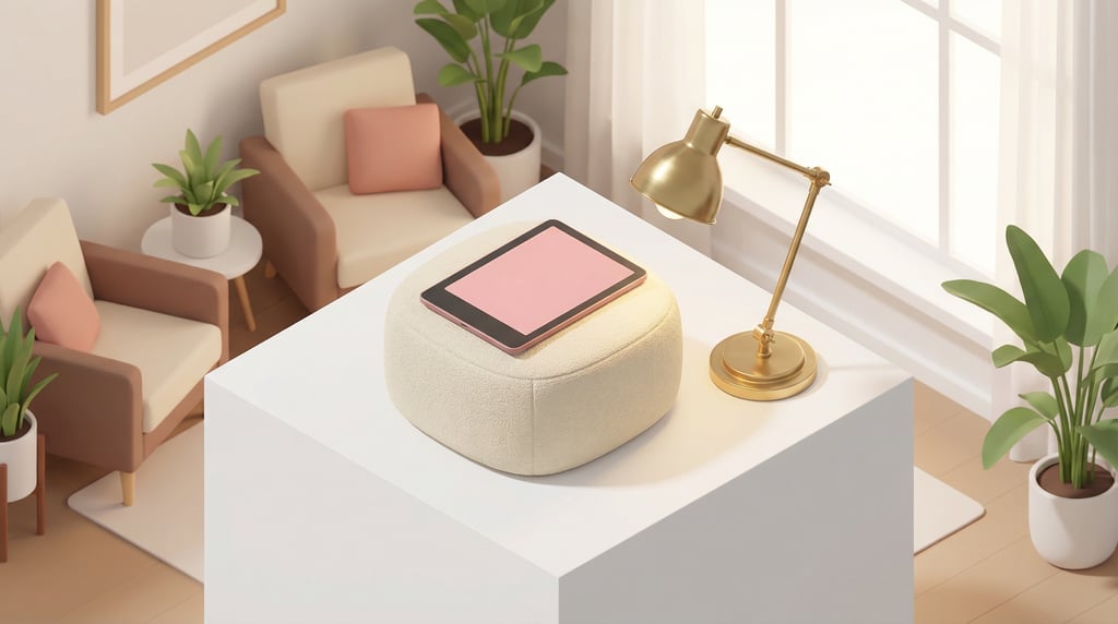 Isometric view, e-reader device on a ottoman surface