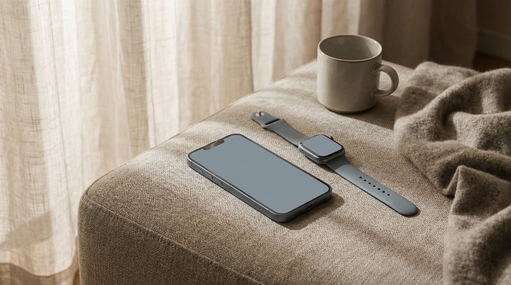 Smartphone and smartwatch on a ottoman surface