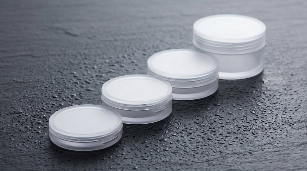 Cosmetic compact in frosted clear, row of four in graduated heights