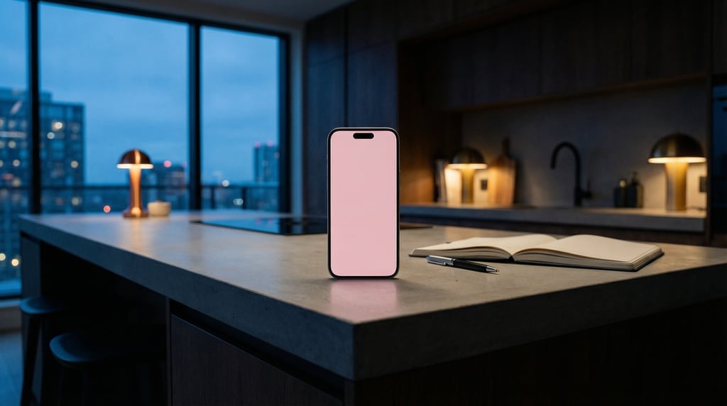 Premium smartphone on a kitchen island countertop