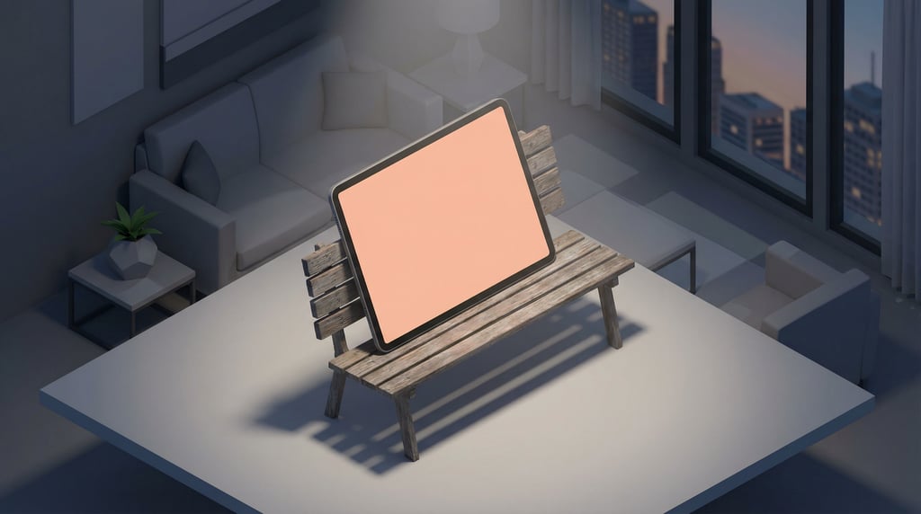 Isometric view, large tablet on a park bench, blank solid soft peach screen with no content or UI