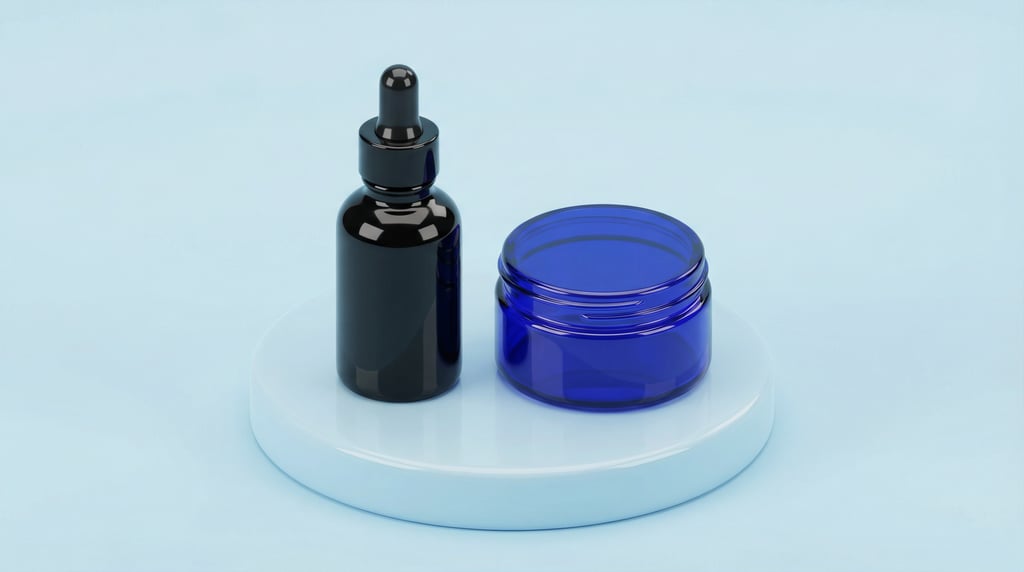 Isometric view, dropper bottle in glossy black and tin can with lid in cobalt blue glass