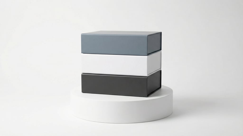 Magnetic closure box, boxes stacked vertically on a pedestal