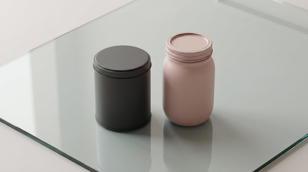 Tin can with lid in matte charcoal and mason-style jar in matte blush pink