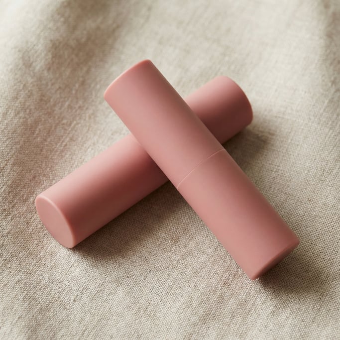 Lip balm tube in matte blush pink, two overlapping slightly