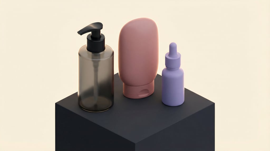 Isometric view, lotion pump bottle in smoked glass and flip-top squeeze bottle in matte dusty rose a