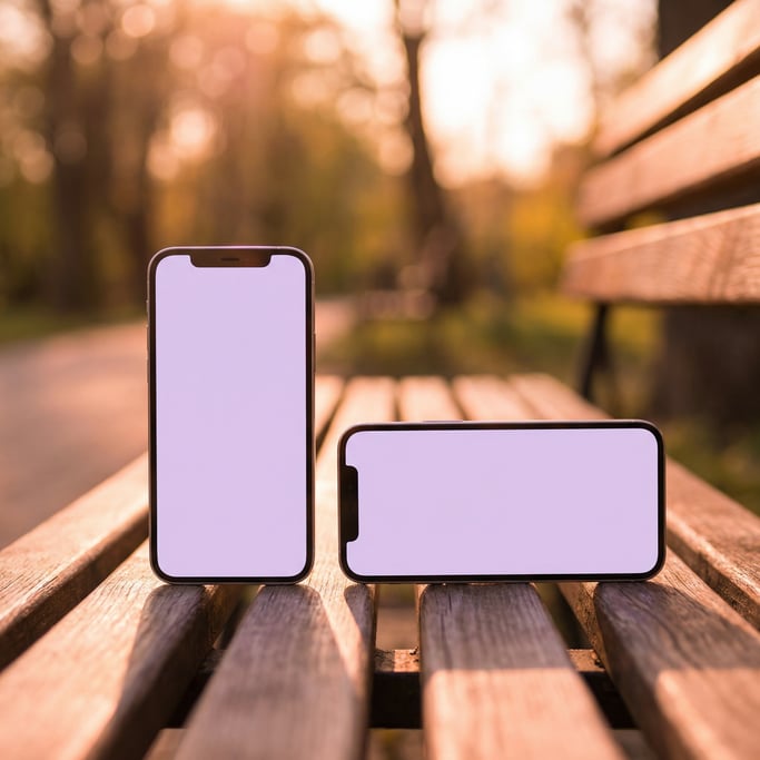 Two smartphones side by side one portrait one landscape on a park bench