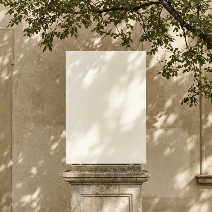 Wayfinding sign on a pedestal on a stucco building wall