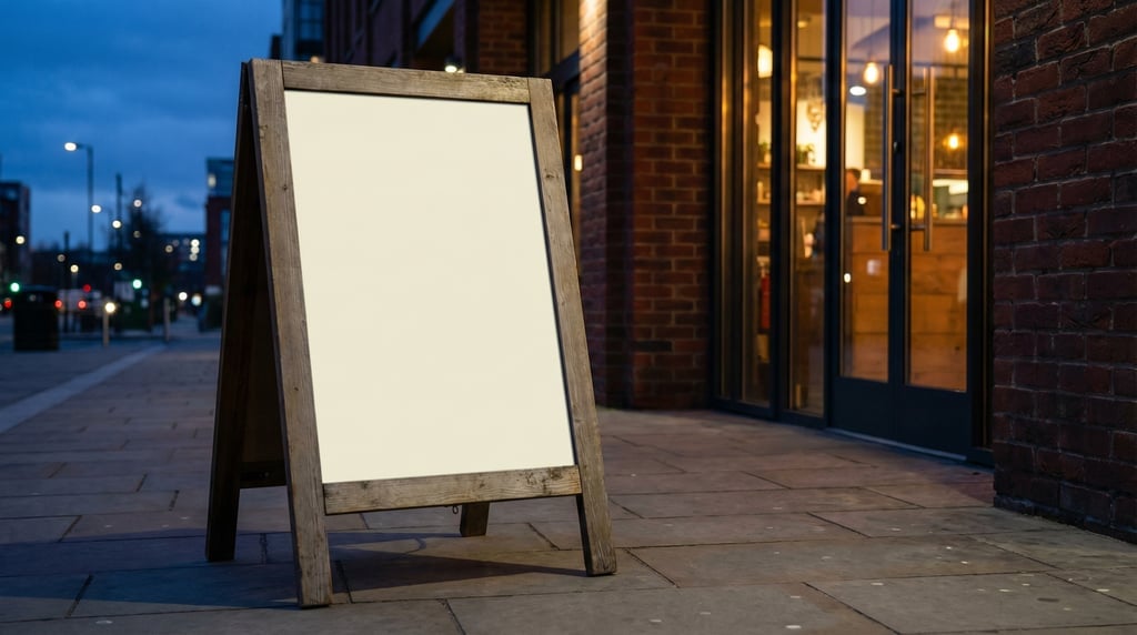 Freestanding A-frame sidewalk sign at a building entrance