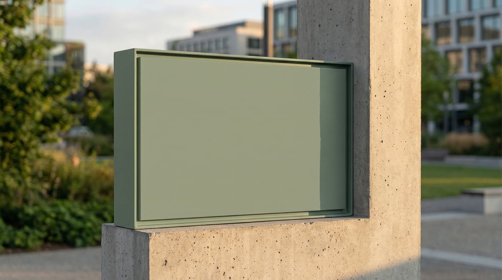 Wayfinding sign on a pedestal on a modern concrete pillar