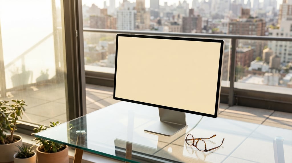 Desktop monitor on a glass desk, blank solid warm cream screen with no content or UI