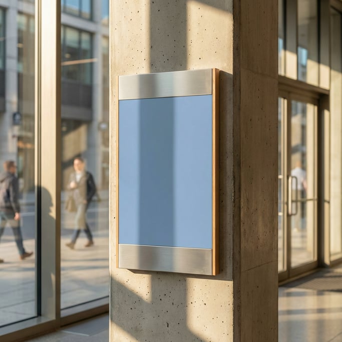Directory sign in a lobby on a modern concrete pillar
