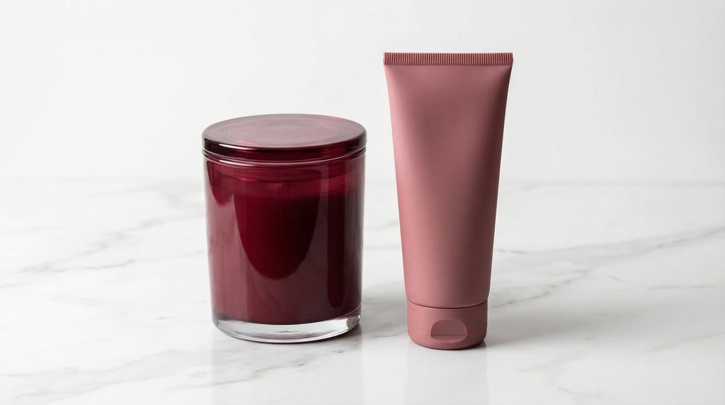 Candle jar with lid in glossy burgundy and cosmetic tube in matte dusty rose