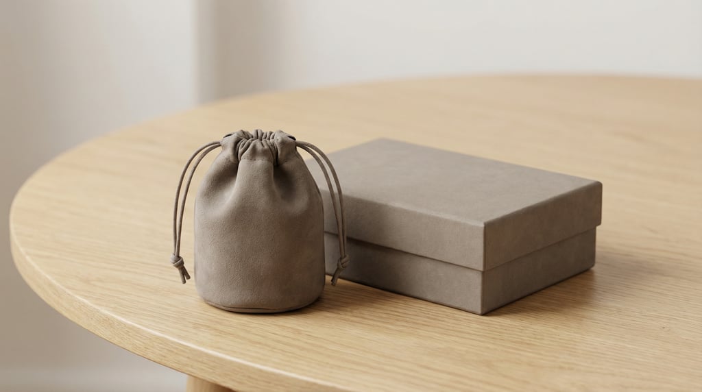 Small jewelry bag in matte warm grey, next to a matching box