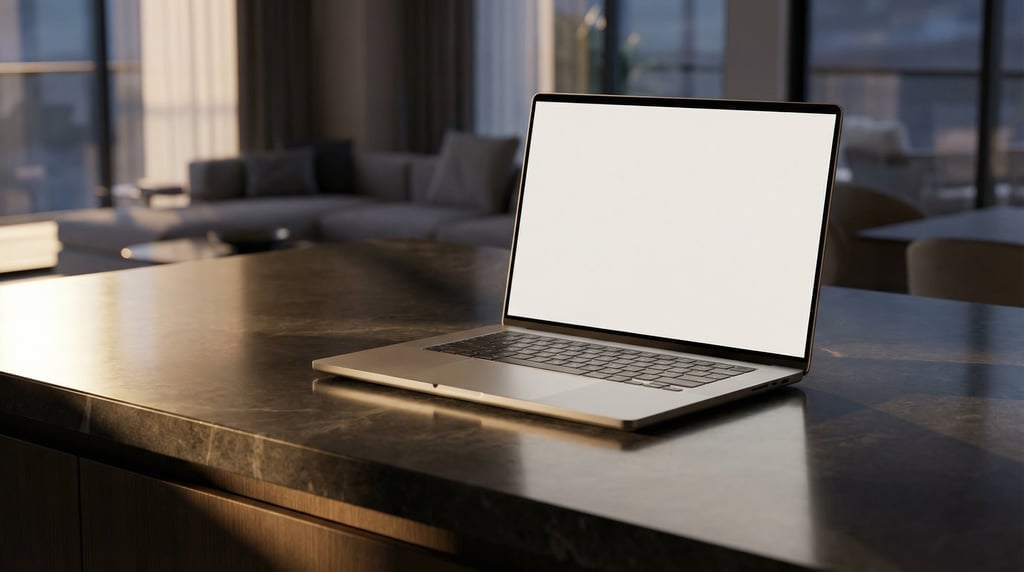 Modern laptop with thin bezels on a kitchen island countertop