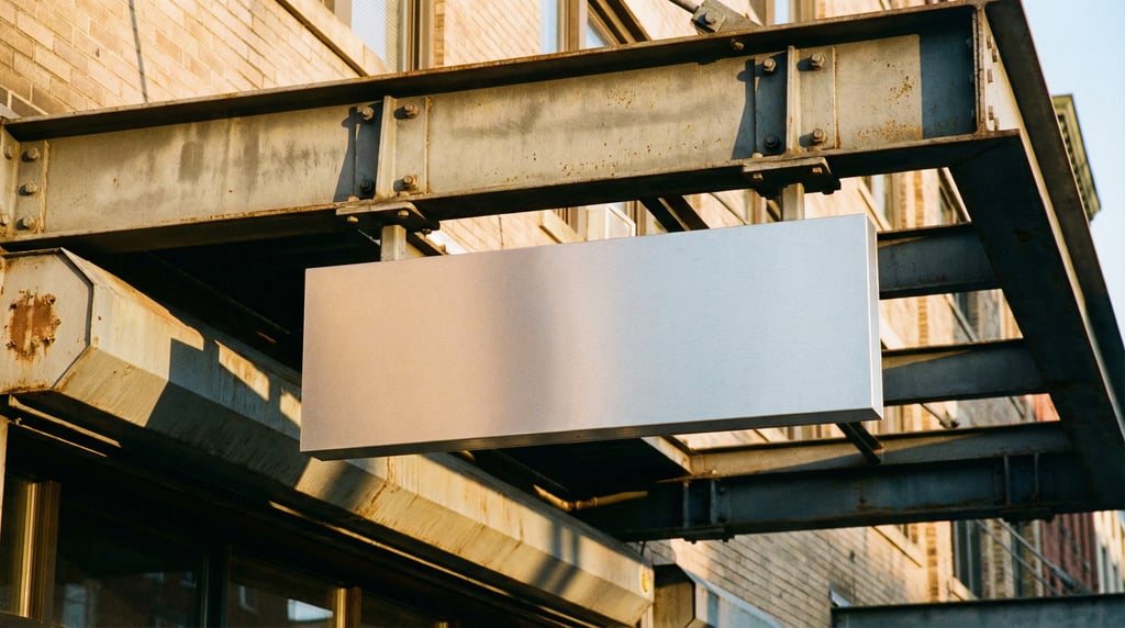Canopy-mounted sign attached to a metal beam