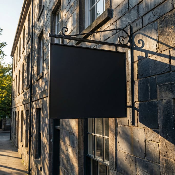 Metal bracket blade sign on a dark slate building exterior