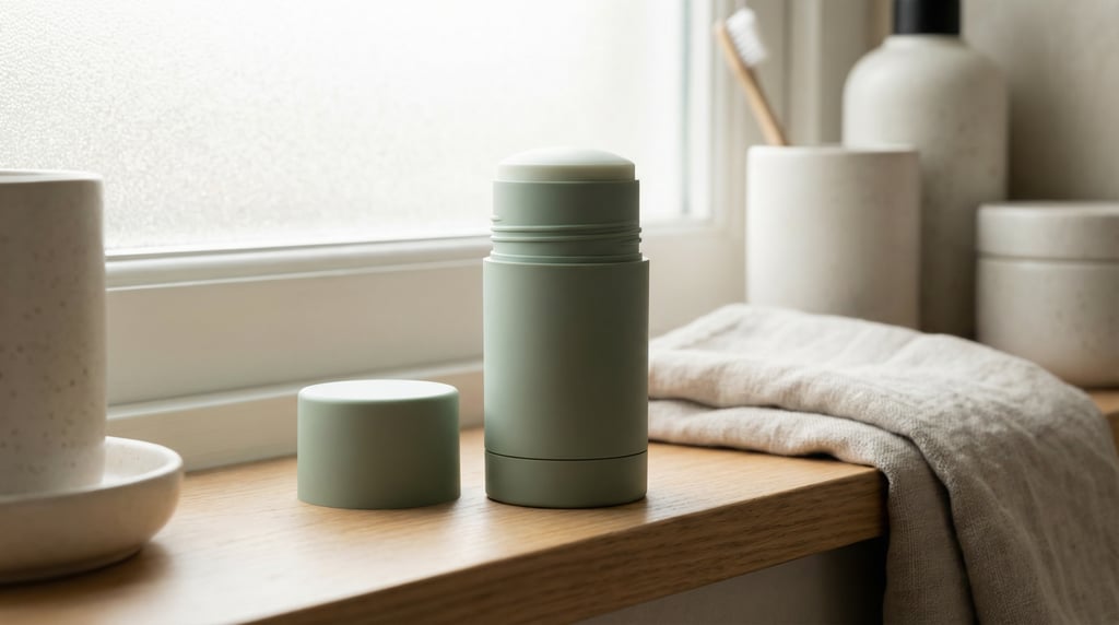 Deodorant stick container in matte sage, single with cap removed beside it