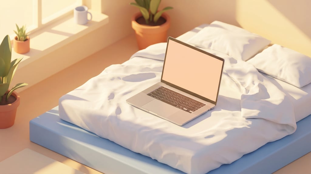 Isometric view, sleek laptop on a soft white bedsheets