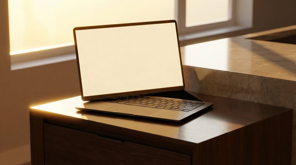 Sleek laptop on a nightstand, blank solid warm cream screen with no content or UI, bright kitchen