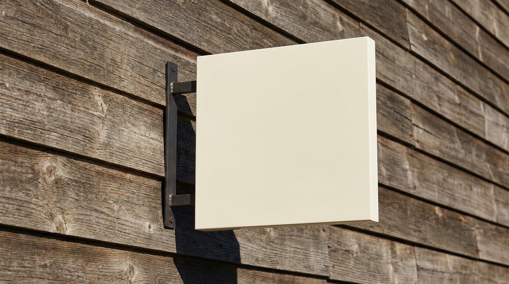 Square wall-mounted blade sign mounted on a timber-clad facade