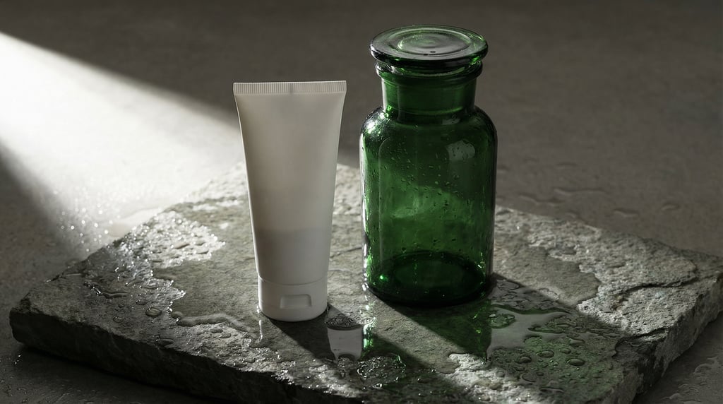 Squeeze tube in matte white and tall apothecary jar in dark green glass