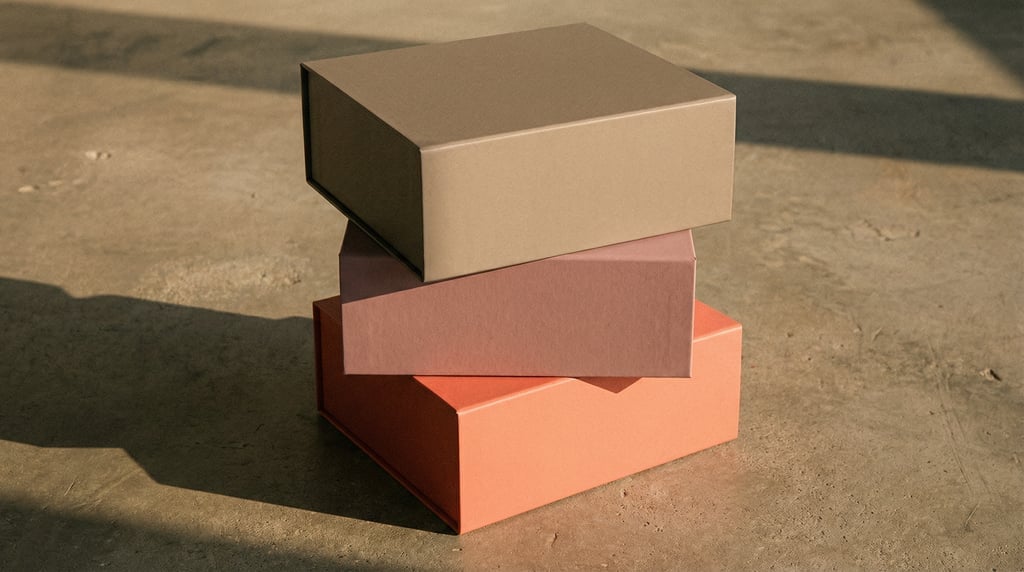 Premium product box, stack of three boxes, each a different color — matte taupe, matte dusty rose