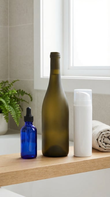 Dropper bottle in cobalt blue glass and wine bottle in matte olive and airless pump container in glo
