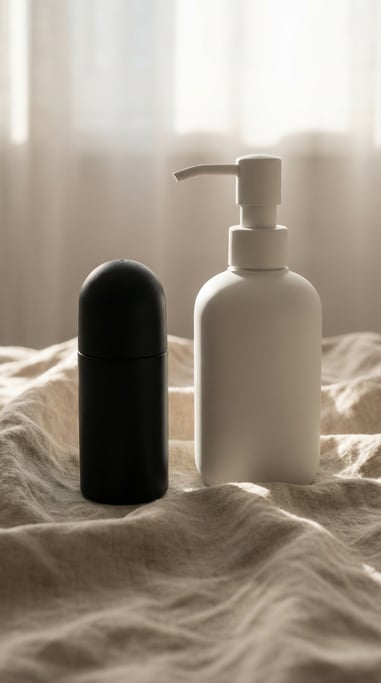 Roll-on bottle in matte black and soap dispenser in matte white