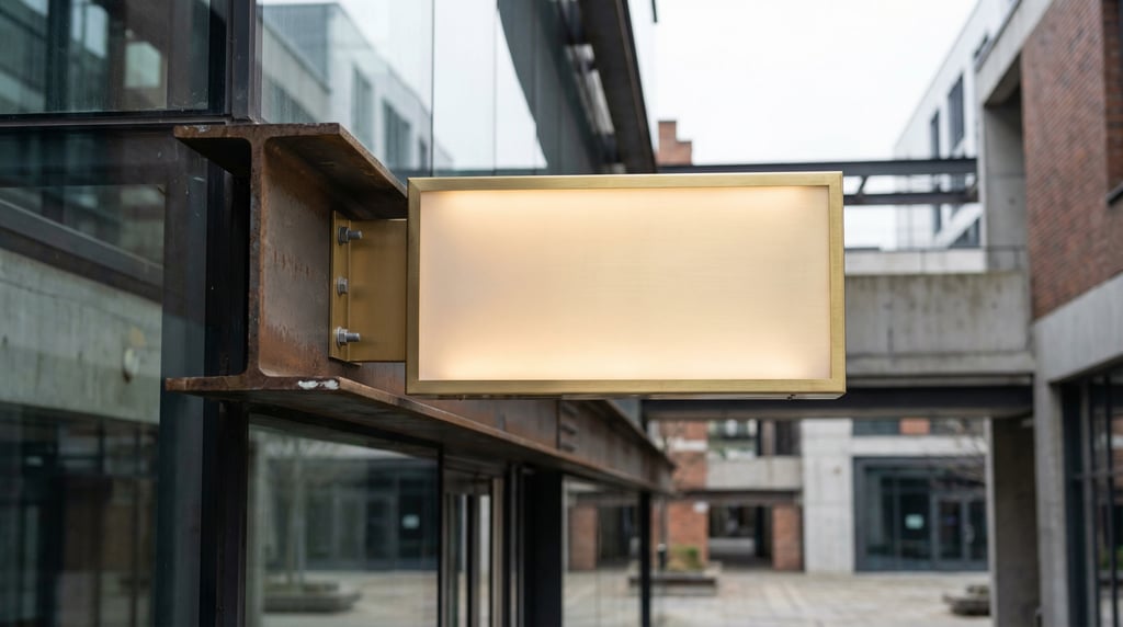 Backlit lightbox sign attached to a metal beam