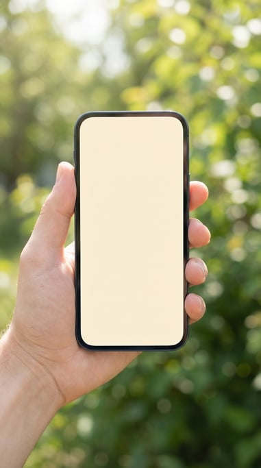 Hand holding a modern smartphone outdoors with soft bokeh greenery