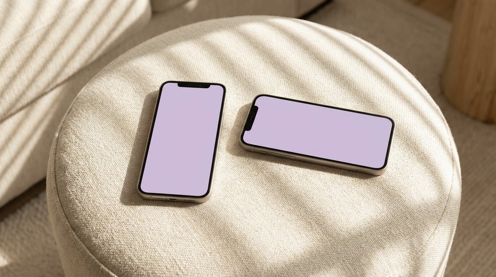 Two smartphones side by side one portrait one landscape on a ottoman surface