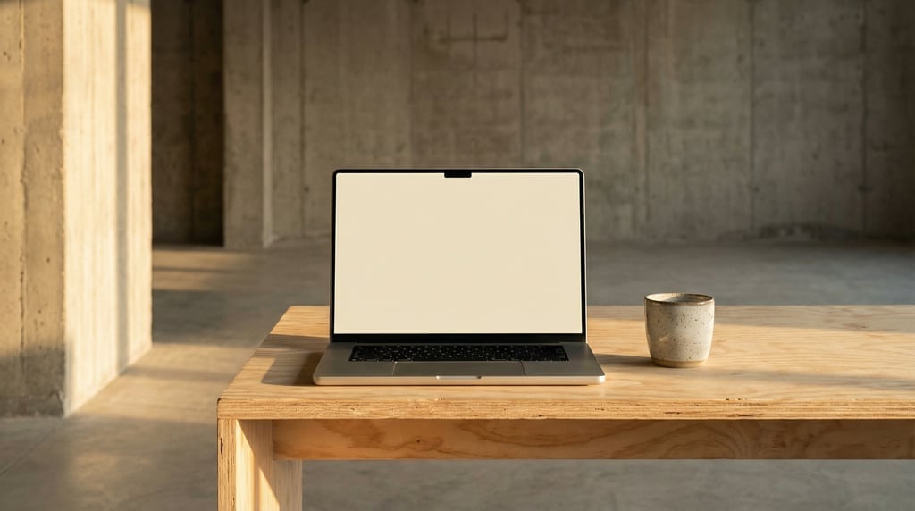 Sleek laptop on a raw plywood desk, blank solid cream screen with no content or UI