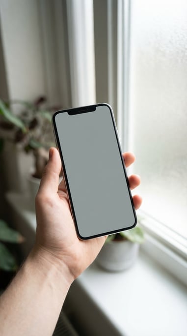 Hand holding a large-screen smartphone near a window with soft natural light