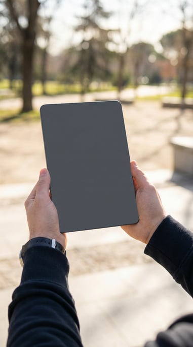 Two hands holding from first-person perspective over a blurred outdoor scene