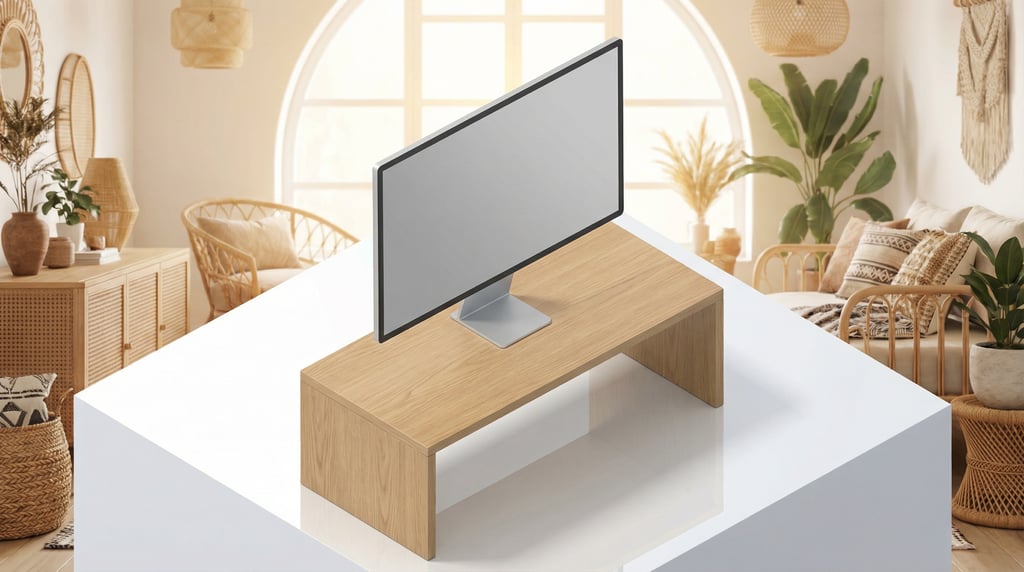 Isometric view, slim-profile monitor on a light oak desk