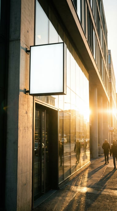 Backlit lightbox sign outside a glass storefront