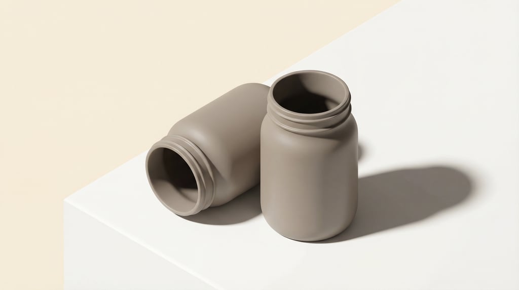 Isometric view, mason-style jar in matte warm grey, two overlapping slightly