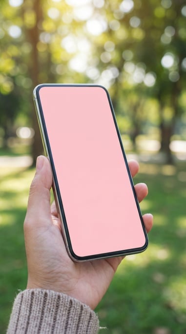 Hand holding a large-screen smartphone outdoors with soft bokeh greenery