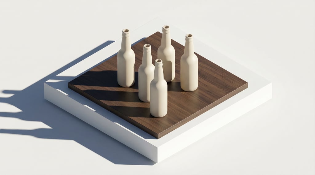 Isometric view, beer bottle in matte cream, group of five arranged casually