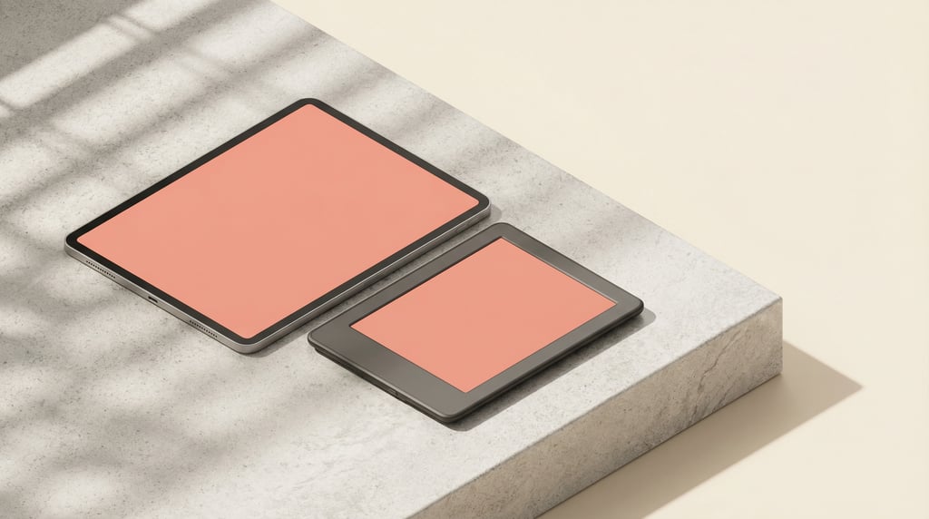 Isometric view, tablet and e-reader side by side on a stone countertop