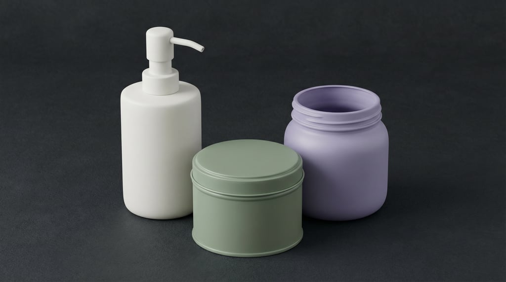 Soap dispenser in matte white and tin can with lid in matte sage and wide-mouth jar in matte lavende