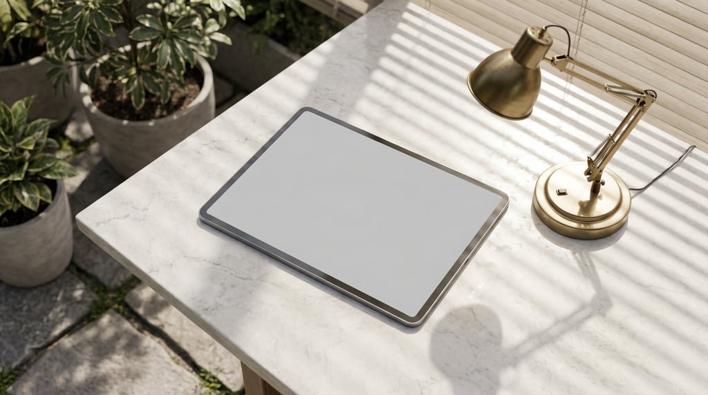 Pro tablet on a pale marble surface, blank solid light grey screen with no content or UI